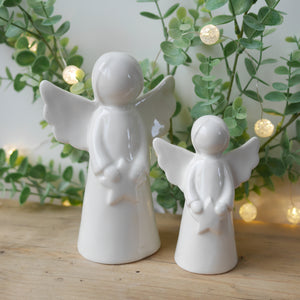 Pair of Stylishly Simple White White Ceramic Angels - 2 Sizes , Christmas Ornaments