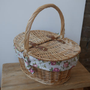 Small Picnic Basket |Child's Oval Lined Lidded Hamper With Garden Rose Lining | Picnic Basket