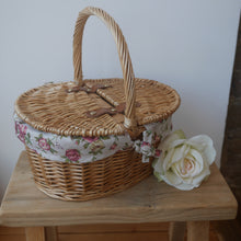 Load image into Gallery viewer, Small Picnic Basket |Child&#39;s Oval Lined Lidded Hamper With Garden Rose Lining | Picnic Basket
