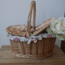 Load image into Gallery viewer, Small Picnic Basket |Child&#39;s Oval Lined Lidded Hamper With Garden Rose Lining | Picnic Basket
