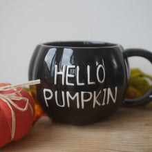 Load image into Gallery viewer, Pumpkin Mug | Hello Pumpkin | Pumpkin Shape Mug | Black Mug
