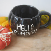 Load image into Gallery viewer, Pumpkin Mug | Hello Pumpkin | Pumpkin Shape Mug | Black Mug
