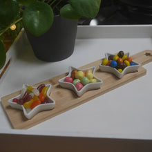 Load image into Gallery viewer, Star Snack Dish - 2 sizes 29cm 40 cm cute star dishes on a bamboo paddle tray, dipping bowls, sauce set
