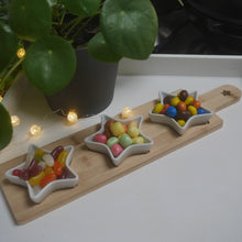 Load image into Gallery viewer, Star Snack Dish - 2 sizes 29cm 40 cm cute star dishes on a bamboo paddle tray, dipping bowls, sauce set
