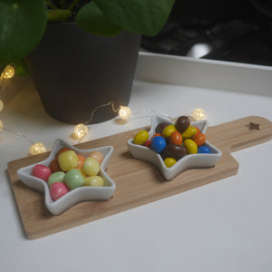 Star Snack Dish - 2 sizes 29cm 40 cm cute star dishes on a bamboo paddle tray, dipping bowls, sauce set