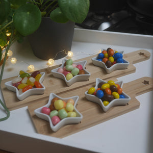Star Snack Dish - 2 sizes 29cm 40 cm cute star dishes on a bamboo paddle tray, dipping bowls, sauce set