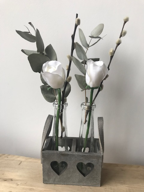Double Vases In Wooden Heart Tray