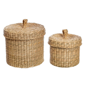 Seagrass Baskets With Lids - Set of 2, Basket Storage, Kitchen Bathroom Storage