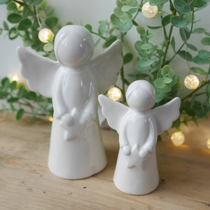 Pair of Stylishly Simple White White Ceramic Angels - 2 Sizes , Christmas Ornaments