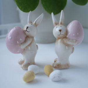 Pair of Ceramic Rabbits Carrying Pink Eggs | Cute Bunnys | Easter Decor |Spring Decor