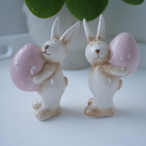 Pair of Ceramic Rabbits Carrying Pink Eggs | Cute Bunnys | Easter Decor |Spring Decor