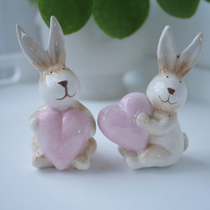 Pair of Ceramic Rabbits Carrying Pink Hearts | Cute Bunnys | Easter Decor |Spring Decor