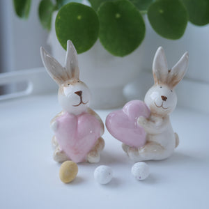 Pair of Ceramic Rabbits Carrying Pink Hearts | Cute Bunnys | Easter Decor |Spring Decor