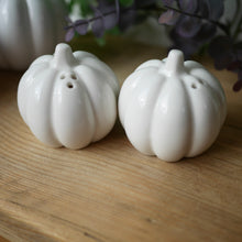 Load image into Gallery viewer, White Ceramic Pumpkin Salt &amp; Pepper Shaker Cruet Set | Pumpkin Decor | Halloween Decor

