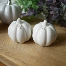 Load image into Gallery viewer, White Ceramic Pumpkin Salt &amp; Pepper Shaker Cruet Set | Pumpkin Decor | Halloween Decor

