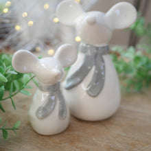 Load image into Gallery viewer, Pair White Ceramic Mice with Grey Scarves- 2 sizes 14 &amp; 10cm | Mouse Ornament | White Mouse | White Mice
