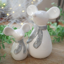 Load image into Gallery viewer, Pair White Ceramic Mice with Grey Scarves- 2 sizes 14 &amp; 10cm | Mouse Ornament | White Mouse | White Mice
