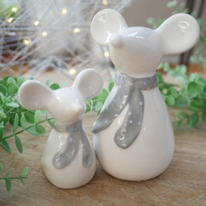 Pair White Ceramic Mice with Grey Scarves- 2 sizes 14 & 10cm | Mouse Ornament | White Mouse | White Mice