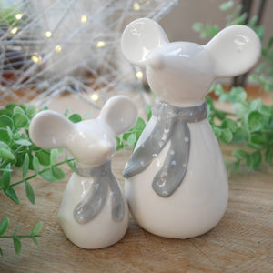 Pair White Ceramic Mice with Grey Scarves- 2 sizes 14 & 10cm | Mouse Ornament | White Mouse | White Mice